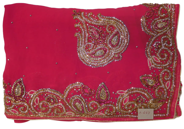 Pink Designer Georgette Hand Embroidery Cutdana Thread Beads Stone Work Saree Sari