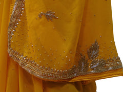 Yellow Designer Georgette Hand Embroidery Cutdana Stone Beads Work Saree Sari