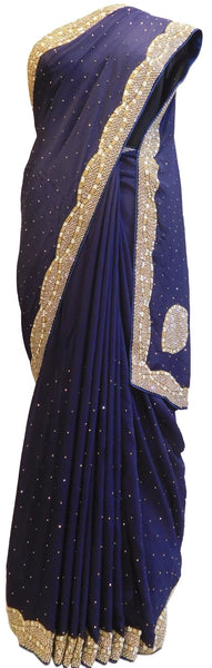 Navy Blue Designer Crepe (Chinon) Hand Embroidery Stone Cutdana Pearl Beads Work Saree Sari