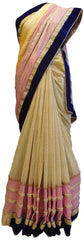 Pink & Yellow Designer Crepe Hand Embroidery Zari Stone Pearl Work Saree Sari