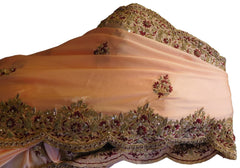 The Show Stopper Peach Designer Pure Satin Silk Hand Embroidery Pearl Cutdana Thread Bullion Sequence Work Saree Sari