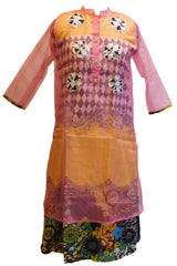 Pink & Peach Designer Cotton (Supernet) Kurti With Attached Skirt