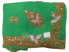 Green Designer Georgette Hand Embroidery Thread Stone Beads Work Saree Sari