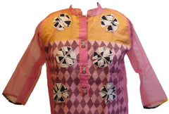 Pink & Peach Designer Cotton (Supernet) Kurti With Attached Skirt