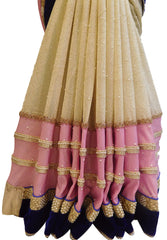 Pink & Yellow Designer Crepe Hand Embroidery Zari Stone Pearl Work Saree Sari