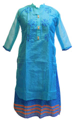 Turquoise Designer Cotton (Supernet) Kurti With Attached Skirt
