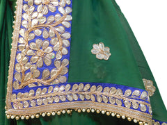 Bollywood Style Green Georgette (Viscos) Gota Work Saree With Blue Border & Pearl Lace Sari