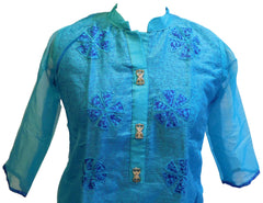Turquoise Designer Cotton (Supernet) Kurti With Attached Skirt