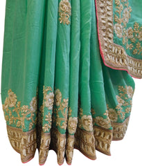 Green Designer Bridal Georgette Sari Zari, Stone, Sequence, Cutdana & Pearl Hand Embroidery Work Saree