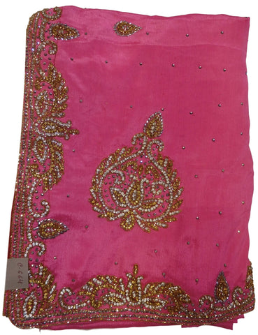 Pink Designer Crepe (Chinon) Hand Embroidery Cutdana Stone Work Saree Sari