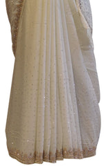 White Designer Crepe (Chinon) Hand Embroidery Bullion Pearl Stone Work Saree Sari