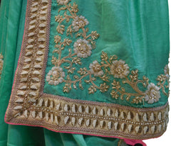 Green Designer Bridal Georgette Sari Zari, Stone, Sequence, Cutdana & Pearl Hand Embroidery Work Saree
