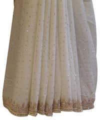 White Designer Crepe (Chinon) Hand Embroidery Bullion Pearl Stone Work Saree Sari