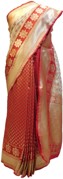 Red & Cream Designer Bridal Hand Weaven Pure Benarasi Zari Work Saree Sari With Blouse