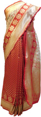 Red & Cream Designer Bridal Hand Weaven Pure Benarasi Zari Work Saree Sari With Blouse