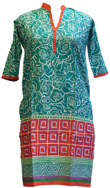 Red, Turquoise & White Designer Cotton (Chanderi) Printed Kurti