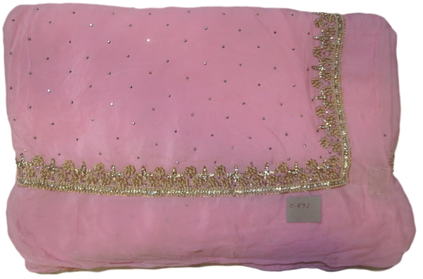 Baby Pink Designer Crepe (Chinon) Hand Embroidery Bullion Pearl Stone Work Saree Sari