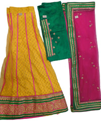 Pink Yellow & Green Designer Bridal Hand Embroidery Work Net Lahenga With Net Dupatta & Silk Blouse