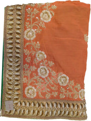 Orange Designer Bridal Georgette Sari Zari, Sequence, Cutdana & Pearl Hand Embroidery Work Saree