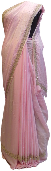 Baby Pink Designer Crepe (Chinon) Hand Embroidery Bullion Pearl Stone Work Saree Sari