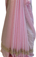 Baby Pink Designer Crepe (Chinon) Hand Embroidery Bullion Pearl Stone Work Saree Sari