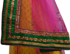 Pink Yellow & Green Designer Bridal Hand Embroidery Work Net Lahenga With Net Dupatta & Silk Blouse