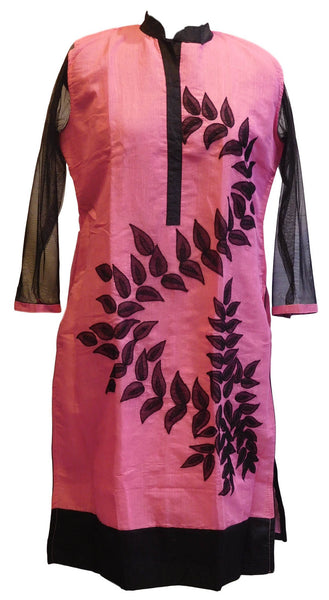 Pink & Black Designer Cotton (Chanderi) Kurti With Georgette Sleeves