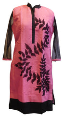 Pink & Black Designer Cotton (Chanderi) Kurti With Georgette Sleeves