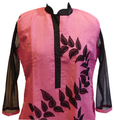 Pink & Black Designer Cotton (Chanderi) Kurti With Georgette Sleeves