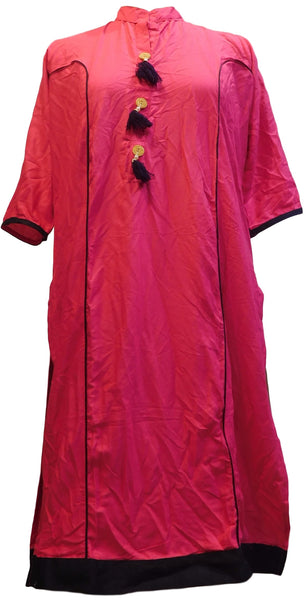 Pink Designer Cotton (Rayon) Solid Colour Kurti Kurta With Black Pipin
