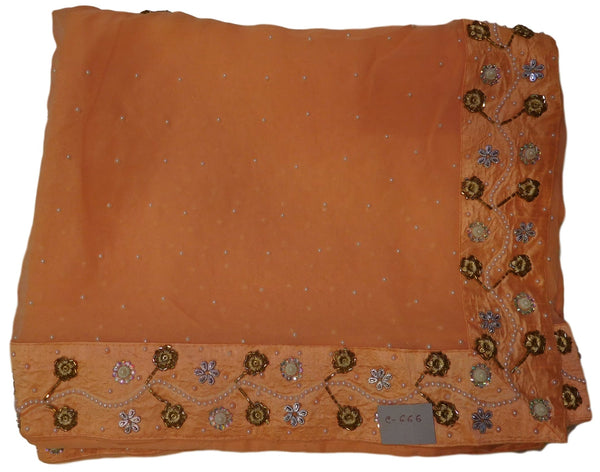 Peach Designer Georgette (Viscos) Hand Embroidery Cutdana Pearl Beads Stone Work Saree Sari