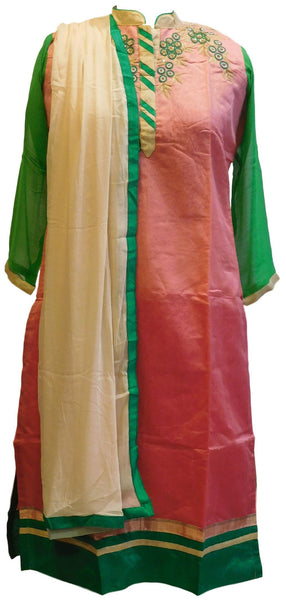 Pink & Green Designer Cotton (Chanderi) Kurti With Chiffon Dupatta