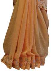 Peach Designer Georgette (Viscos) Hand Embroidery Cutdana Pearl Beads Stone Work Saree Sari