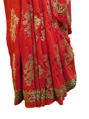 Red Designer Georgette (Viscos) Hand Embroidery Zari Work Sari Saree