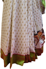 White Designer Pure Cotton Thread Embroidery Printed Sari With Green Border Saree