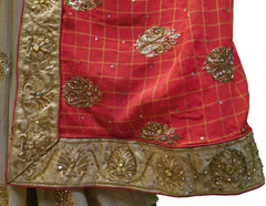Red & Cream Designer Bridal Georgette Sari Zari & Stone Hand Embroidery Work Saree