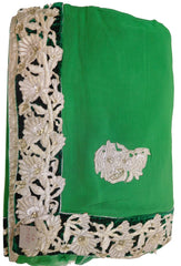 Green & White Designer Georgette (Viscos) & Net Hand Embroidery Zari Stone Thread Work Saree Sari