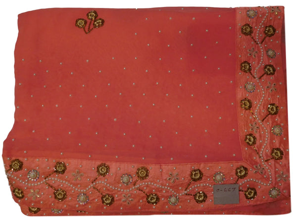 Pink Designer Georgette (Viscos) Hand Embroidery Cutdana Pearl Beads Stone Work Saree Sari