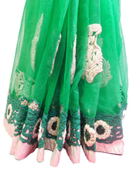 Green & White Designer Georgette (Viscos) & Net Hand Embroidery Zari Stone Thread Work Saree Sari