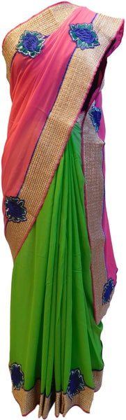 Pink & Green Designer Georgette (Viscos) Sari Saree