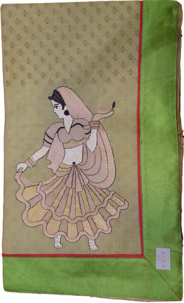 Cream Designer Pure Cotton Thread Embroidery Printed Sari With Green Border Saree