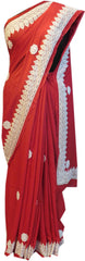 Red Designer Crepe (Chinon) Thread Work Border Sari Saree