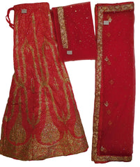 Red Designer Bridal Hand Embroidery Stone Zari Cutdana Work Pure Raw Silk Lahenga With Net Dupatta & Pure Raw Silk Blouse