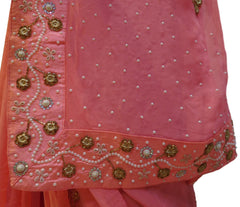 Pink Designer Georgette (Viscos) Hand Embroidery Cutdana Pearl Beads Stone Work Saree Sari