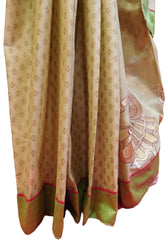 Cream Designer Pure Cotton Thread Embroidery Printed Sari With Green Border Saree