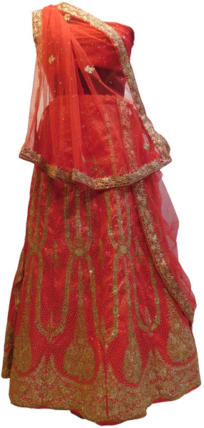 Red Designer Bridal Hand Embroidery Stone Zari Cutdana Work Pure Raw Silk Lahenga With Net Dupatta & Pure Raw Silk Blouse
