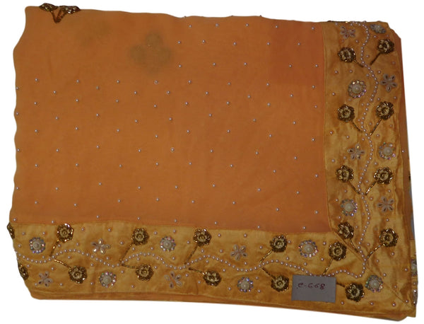 Yellow Designer Georgette (Viscos) Hand Embroidery Cutdana Pearl Beads Stone Work Saree Sari