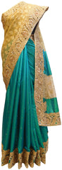 Beige & Turquoise Designer Silk Hand Embroidery Zari Stone Cutdana Thread Work Saree Sari