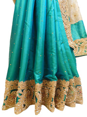 Beige & Turquoise Designer Silk Hand Embroidery Zari Stone Cutdana Thread Work Saree Sari