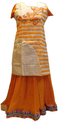 Orange & Cream Designer Cotton (Chanderi) Kurti With Georgette (Viscos) Stylish Inskirt